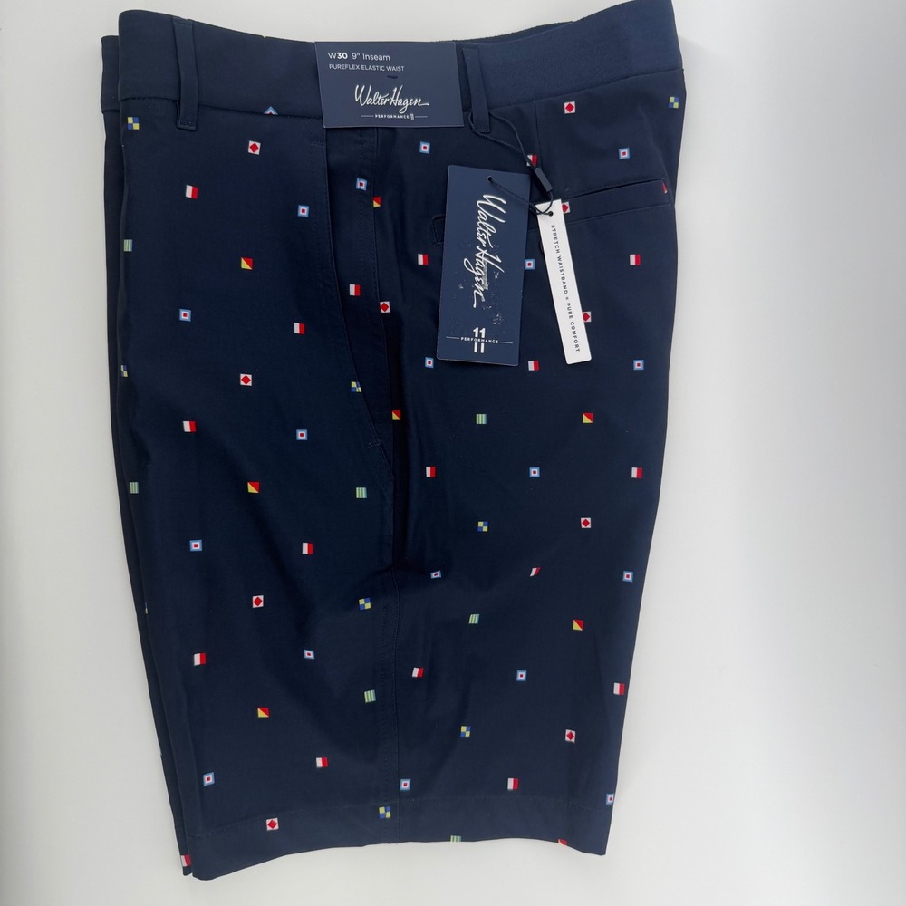 Walter Hagen Mens P11 Pureflex Golf Shorts Navy Sailing Geo Flags W30 9 Inseam